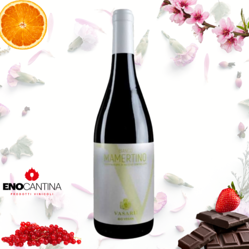Bottiglia di Mamertino Bianco DOC Vasari vino bianco siciliano fresco e minerale da uve Grillo e Catarratto prodotto sulle colline di Messina